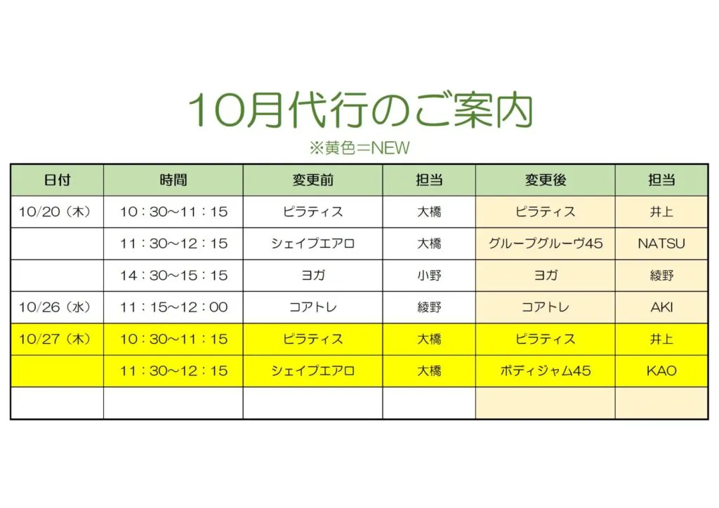 10月代行表・10月27日（木）講師、クラス変更のお知らせ | ジム・レッスン | 総社市スポーツセンター等体育施設 | FUN SPORTS FUN  LIFE